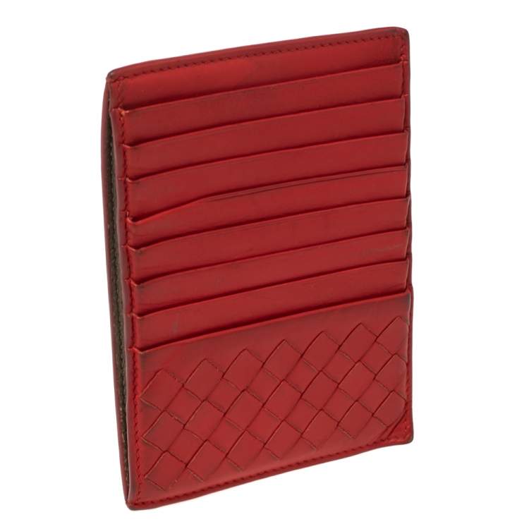 Pre Owned Bottega Veneta Red Intrecciato Leather Zip Card Holder
