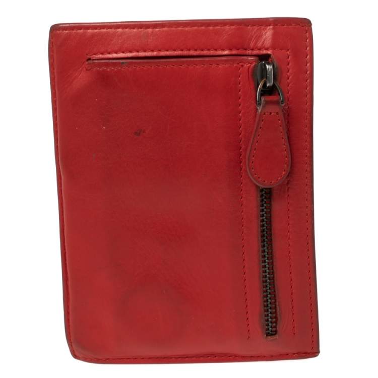 Pre Owned Bottega Veneta Red Intrecciato Leather Zip Card Holder