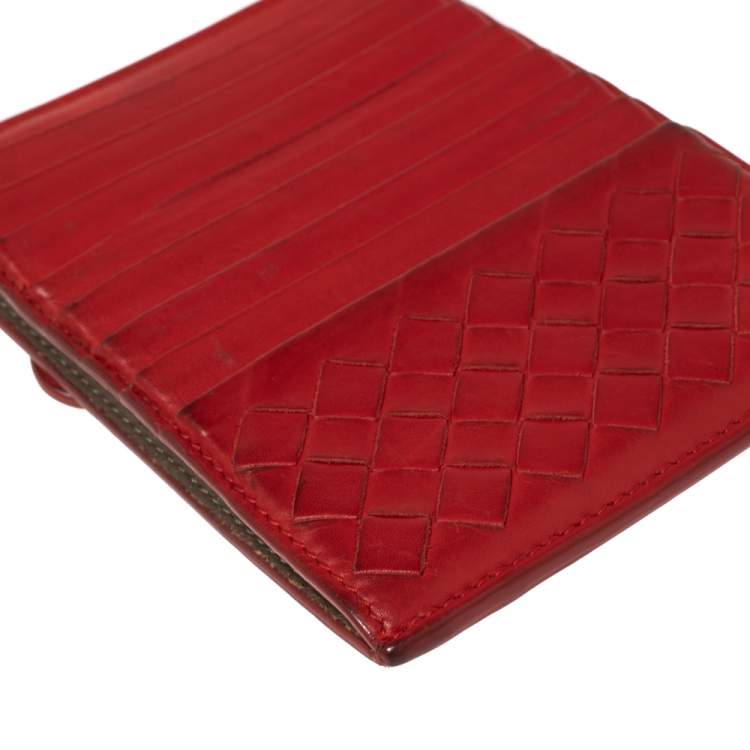 Pre Owned Bottega Veneta Red Intrecciato Leather Zip Card Holder