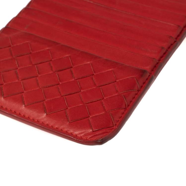 Pre Owned Bottega Veneta Red Intrecciato Leather Zip Card Holder