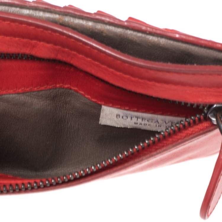 Pre Owned Bottega Veneta Red Intrecciato Leather Zip Card Holder