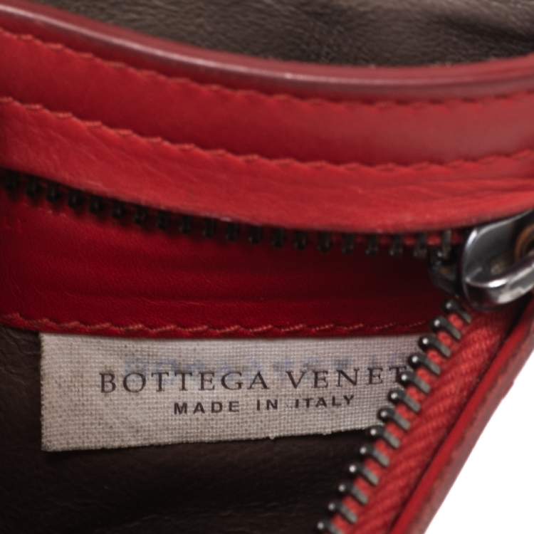 Pre Owned Bottega Veneta Red Intrecciato Leather Zip Card Holder