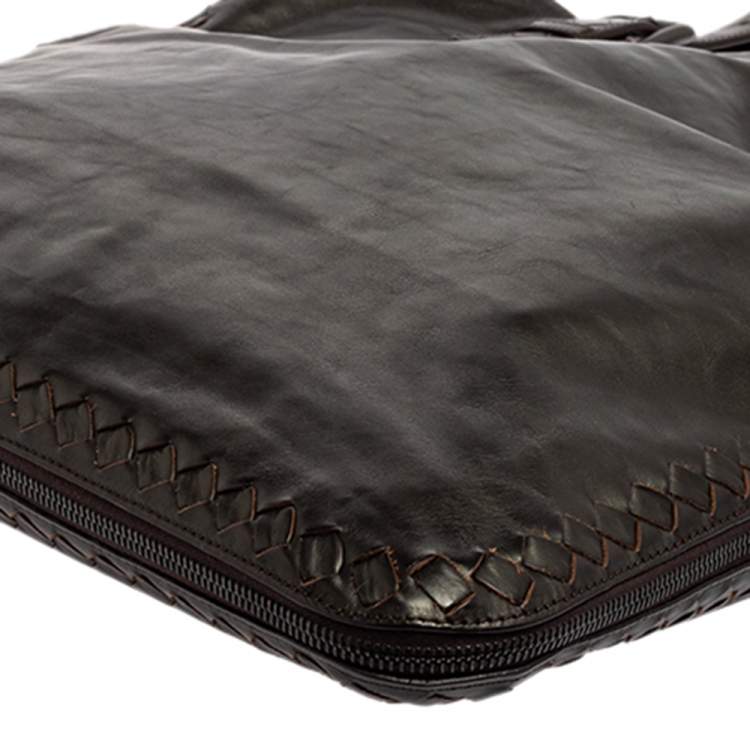 Pre Owned Bottega Veneta Dark Brown Intrecciato Trim Leather Expandable Tote