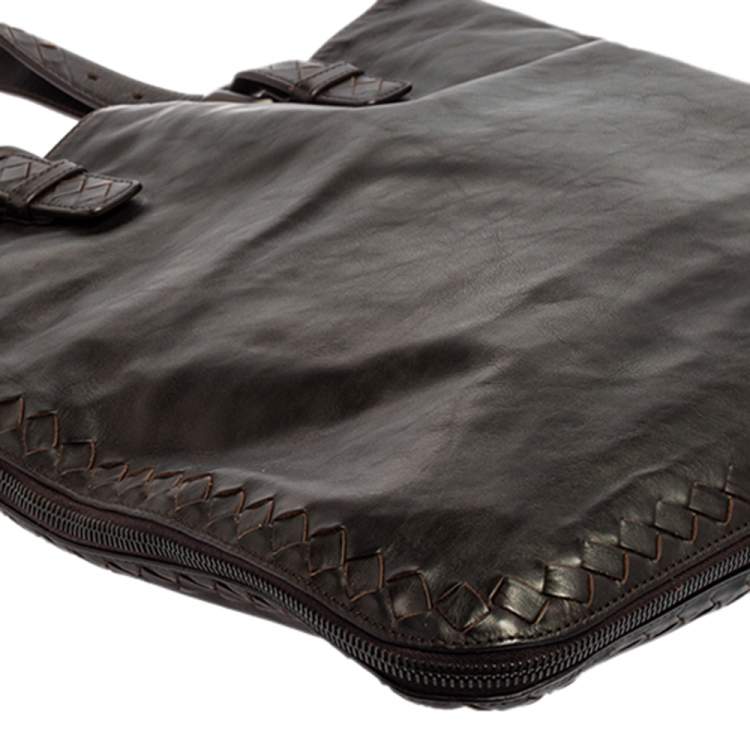 Pre Owned Bottega Veneta Dark Brown Intrecciato Trim Leather Expandable Tote