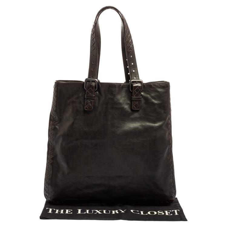 Pre Owned Bottega Veneta Dark Brown Intrecciato Trim Leather Expandable Tote