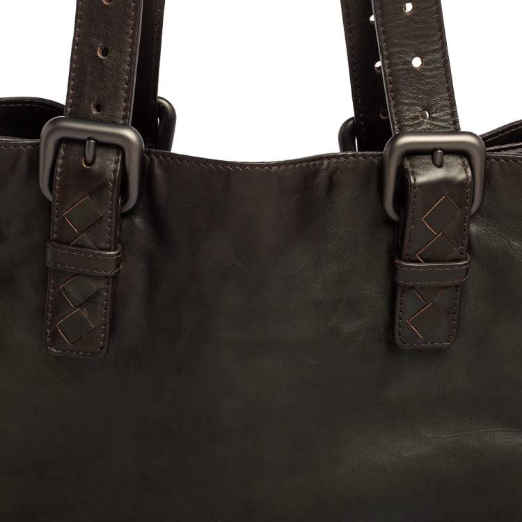 Pre Owned Bottega Veneta Dark Brown Intrecciato Trim Leather Expandable Tote
