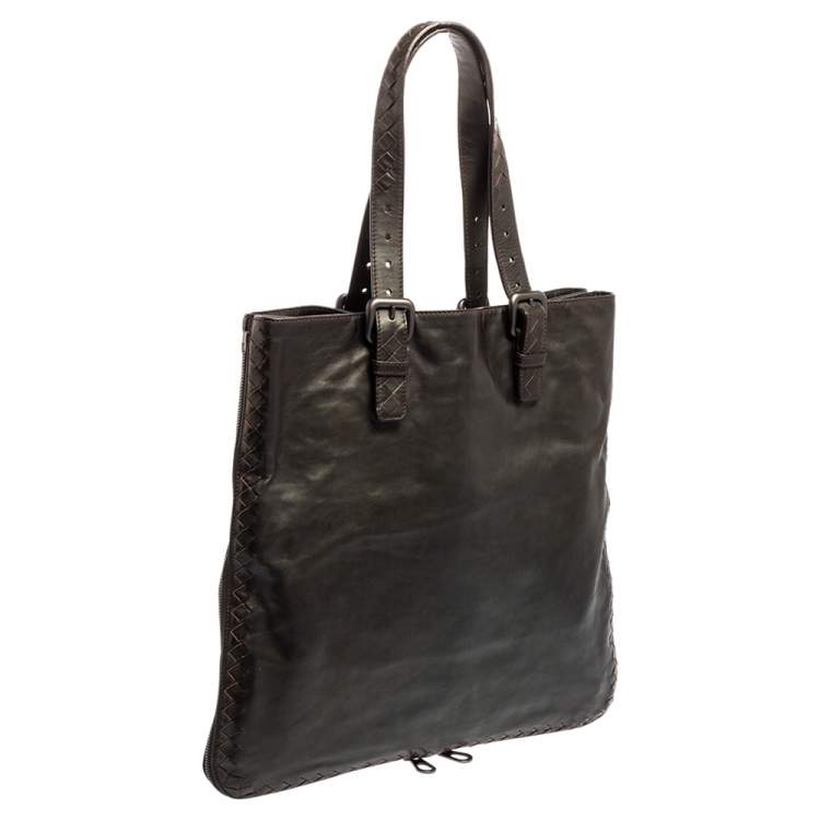 Pre Owned Bottega Veneta Dark Brown Intrecciato Trim Leather Expandable Tote