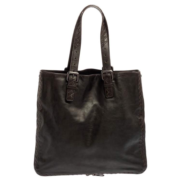 Pre Owned Bottega Veneta Dark Brown Intrecciato Trim Leather Expandable Tote