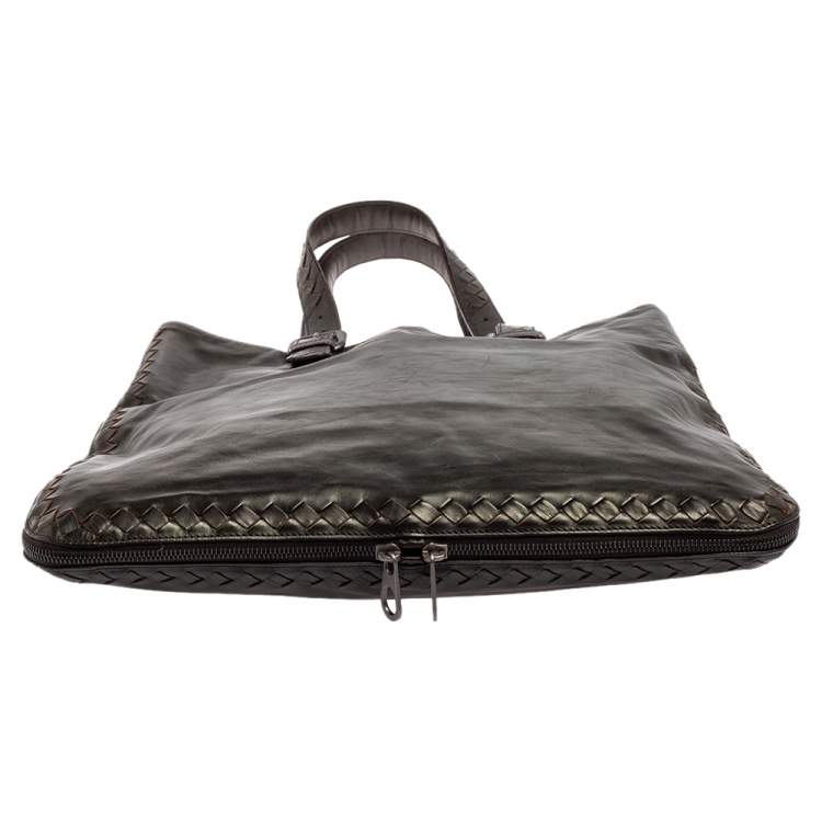 Pre Owned Bottega Veneta Dark Brown Intrecciato Trim Leather Expandable Tote