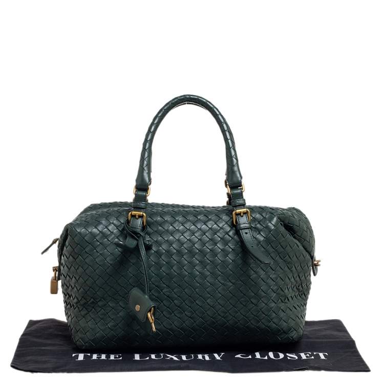 Pre Owned Bottega Veneta Green Intrecciato Boston Bag
