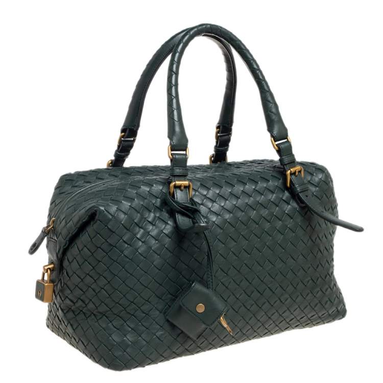 Pre Owned Bottega Veneta Green Intrecciato Boston Bag