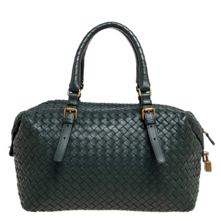 Pre Owned Bottega Veneta Green Intrecciato Boston Bag
