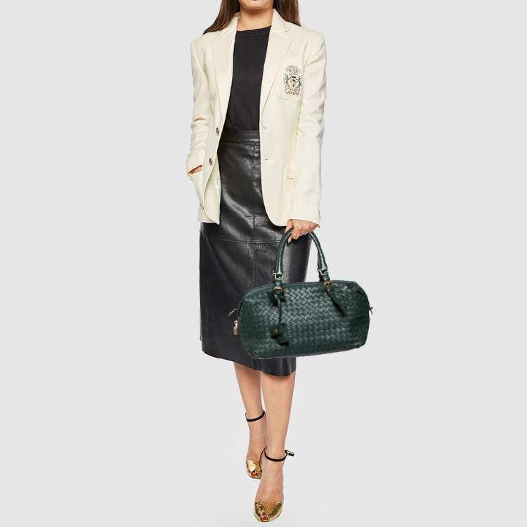Pre Owned Bottega Veneta Green Intrecciato Boston Bag