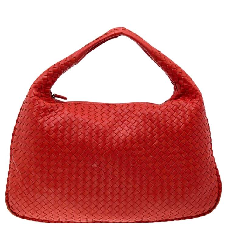 Pre Owned Bottega Veneta Orange Intrecciato Leather Medium Veneta Hobo