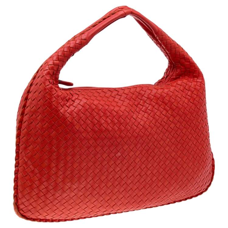 Pre Owned Bottega Veneta Orange Intrecciato Leather Medium Veneta Hobo