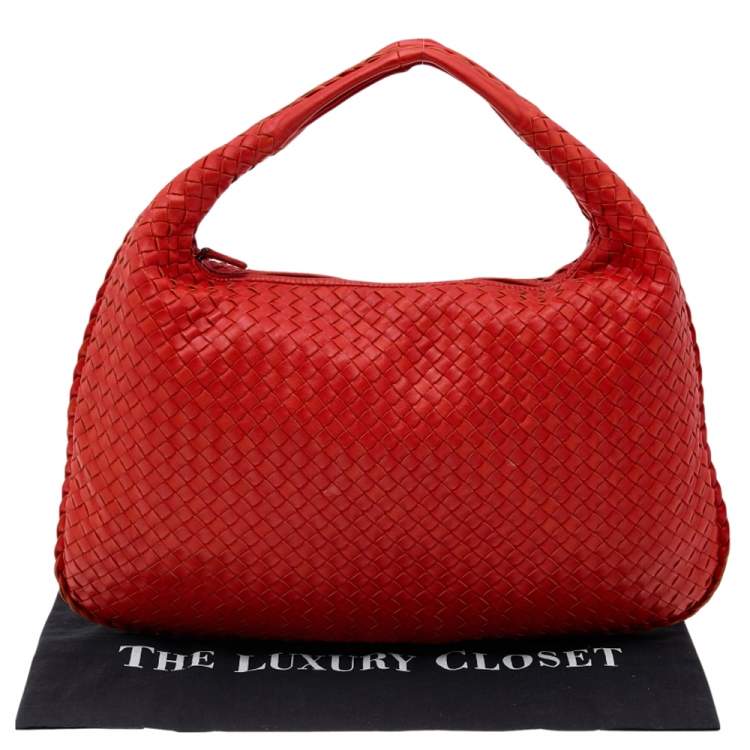 Pre Owned Bottega Veneta Orange Intrecciato Leather Medium Veneta Hobo