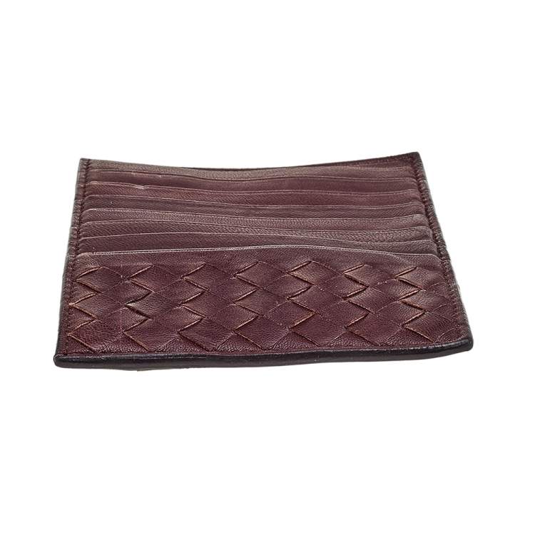 Pre Owned Bottega Veneta Burgundy Intrecciato Leather Card Holder