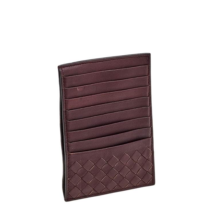 Pre Owned Bottega Veneta Burgundy Intrecciato Leather Card Holder