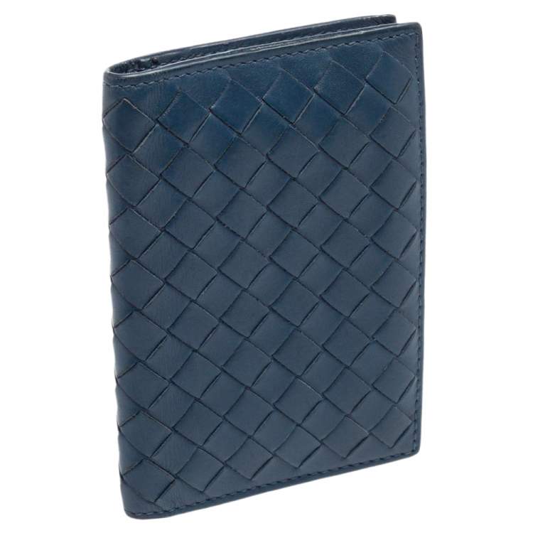 Pre Owned Bottega Veneta Blue Intrecciato Leather Bifold Card Case