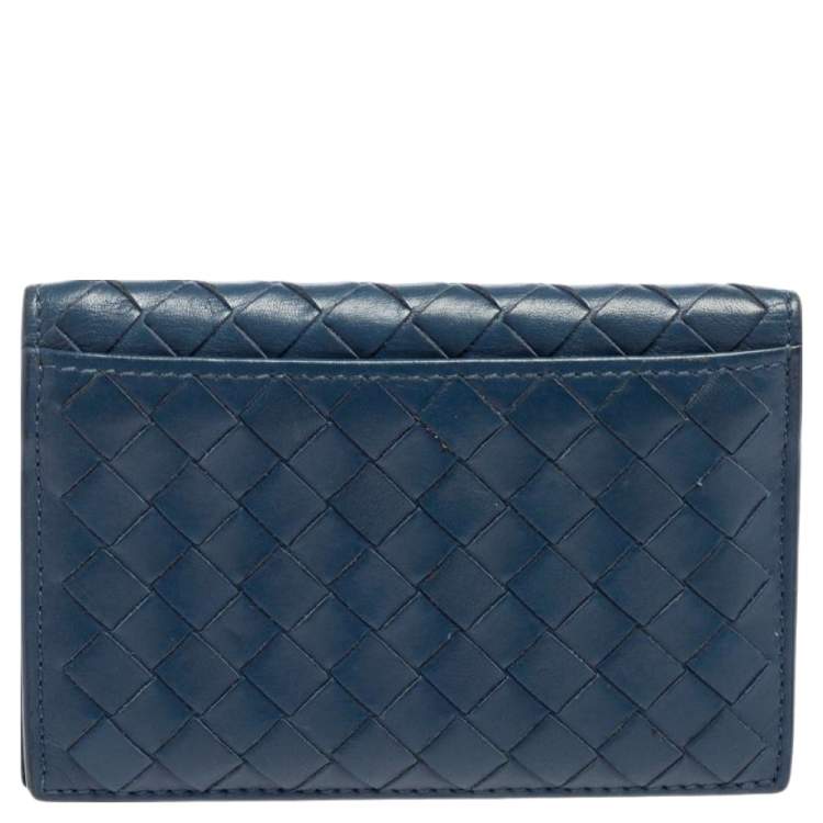 Pre Owned Bottega Veneta Blue Intrecciato Leather Bifold Card Case
