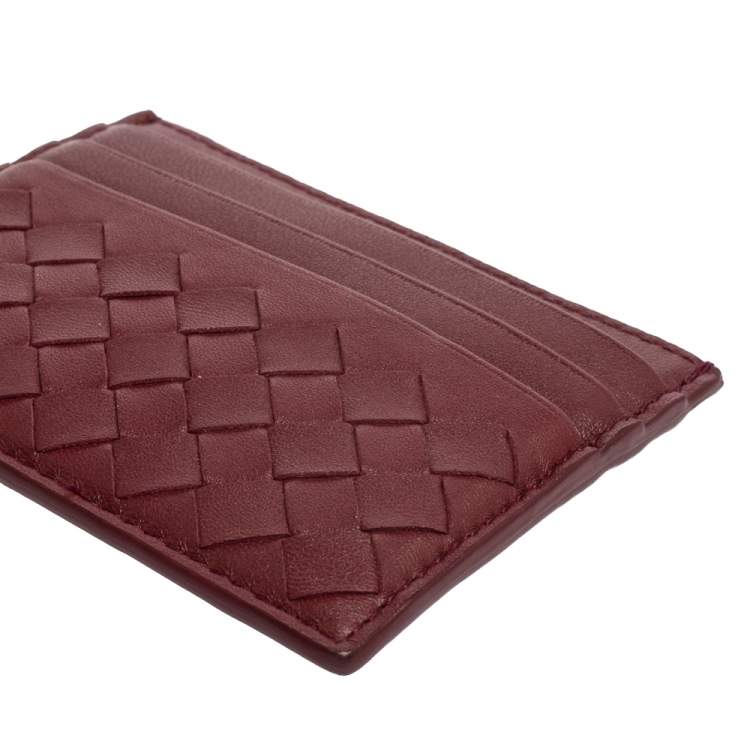 Pre Owned Bottega Veneta Burgundy Intrecciato Leather Card Holder