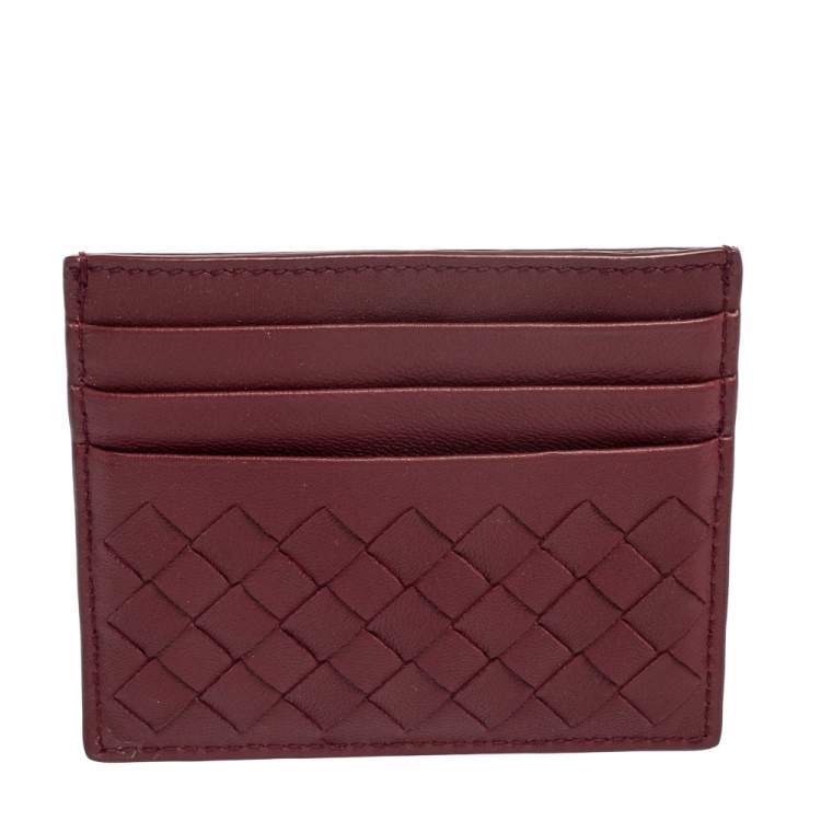 Pre Owned Bottega Veneta Burgundy Intrecciato Leather Card Holder