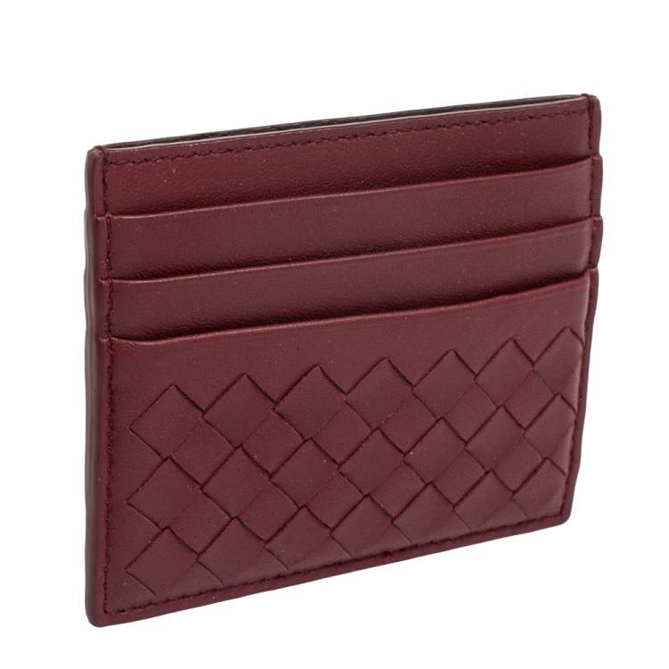 Pre Owned Bottega Veneta Burgundy Intrecciato Leather Card Holder