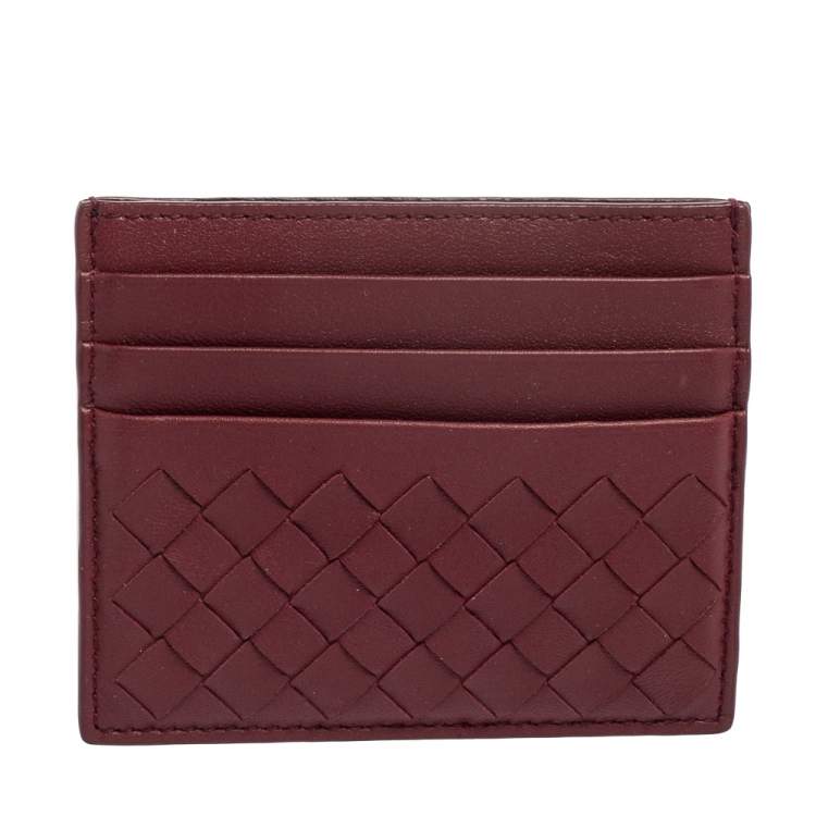 Pre Owned Bottega Veneta Burgundy Intrecciato Leather Card Holder
