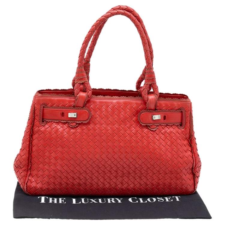 Pre Owned Bottega Veneta Red Intrecciato Leather Tote