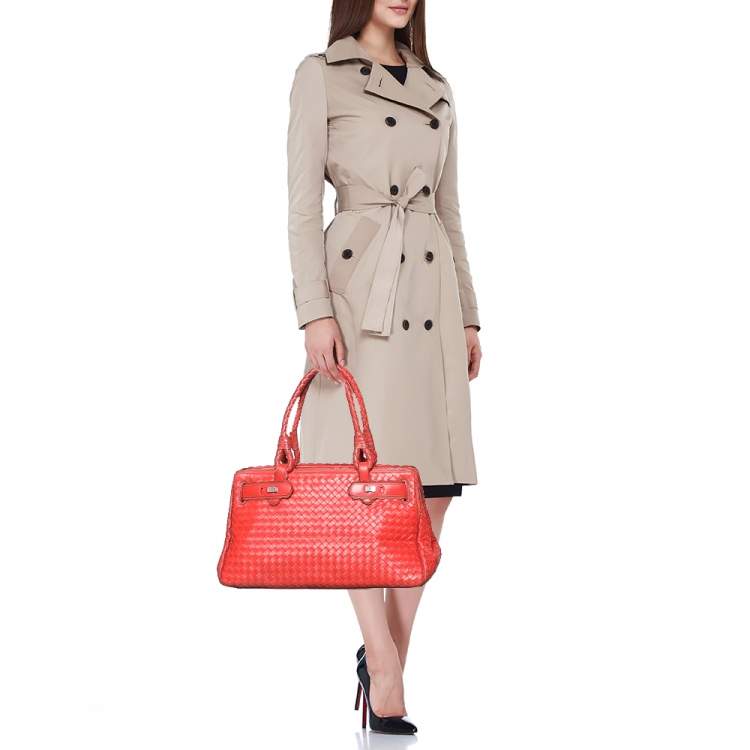 Pre Owned Bottega Veneta Red Intrecciato Leather Tote