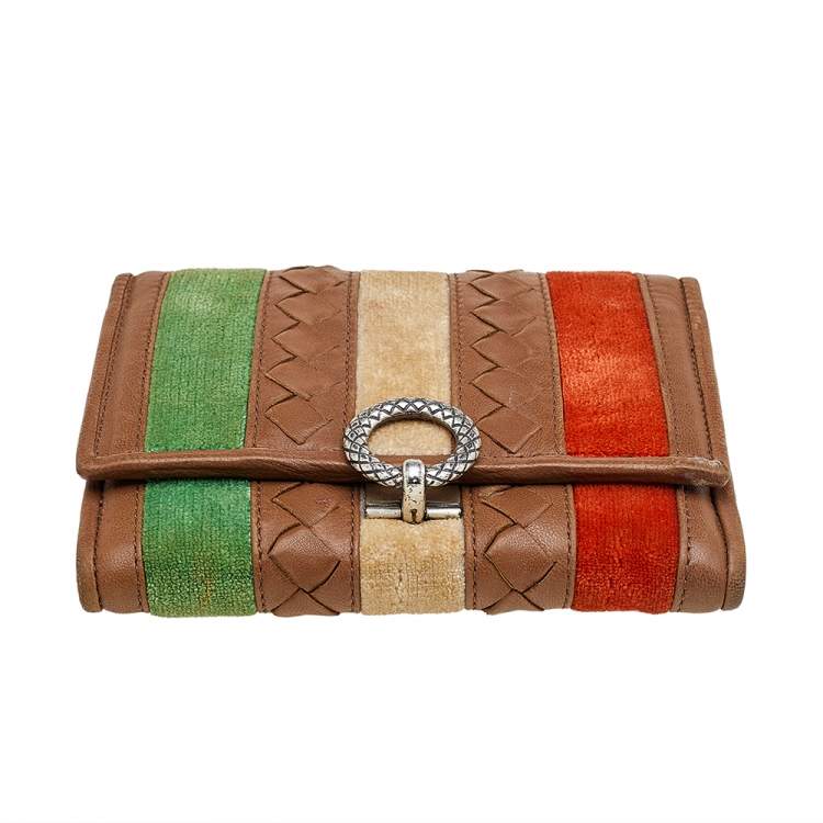 Pre Owned Bottega Veneta Multicolor Intrecciato Leather And Velvet Trifold Wallet