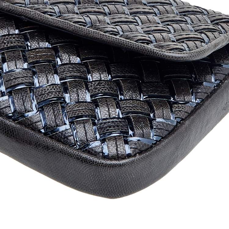Pre Owned Bottega Veneta Dark Grey Intrecciato Lizard Turn Lock Clutch