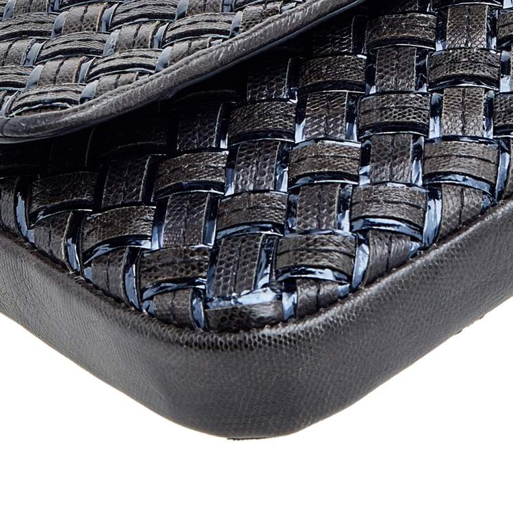 Pre Owned Bottega Veneta Dark Grey Intrecciato Lizard Turn Lock Clutch