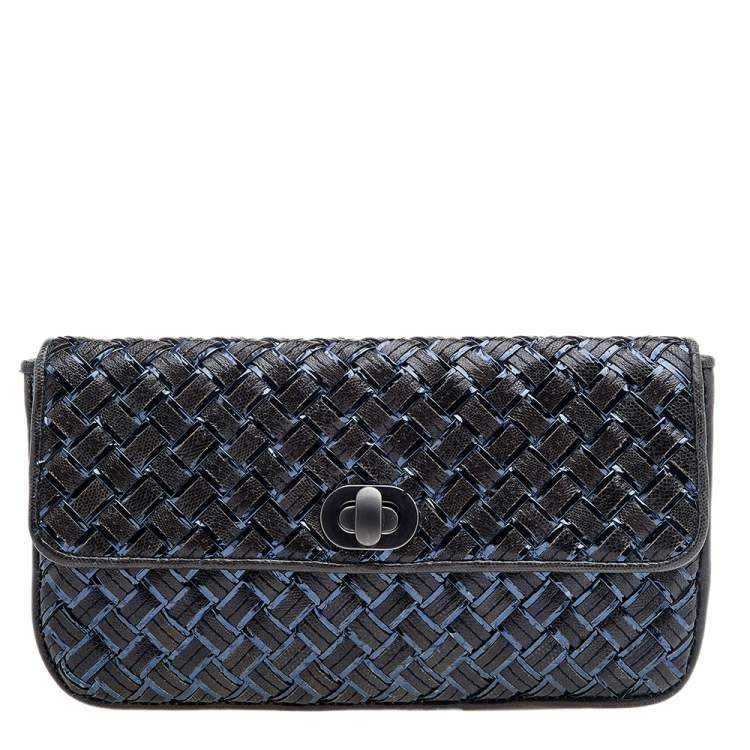 Pre Owned Bottega Veneta Dark Grey Intrecciato Lizard Turn Lock Clutch