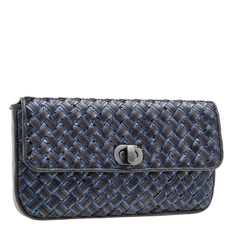 Pre Owned Bottega Veneta Dark Grey Intrecciato Lizard Turn Lock Clutch