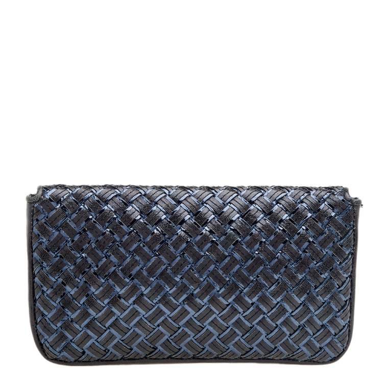 Pre Owned Bottega Veneta Dark Grey Intrecciato Lizard Turn Lock Clutch