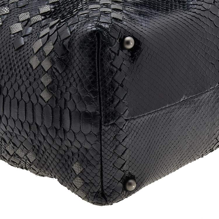 Pre Owned Bottega Veneta Black/Grey Python Intrecciato Leather Boston Bag