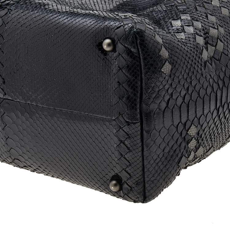 Pre Owned Bottega Veneta Black/Grey Python Intrecciato Leather Boston Bag