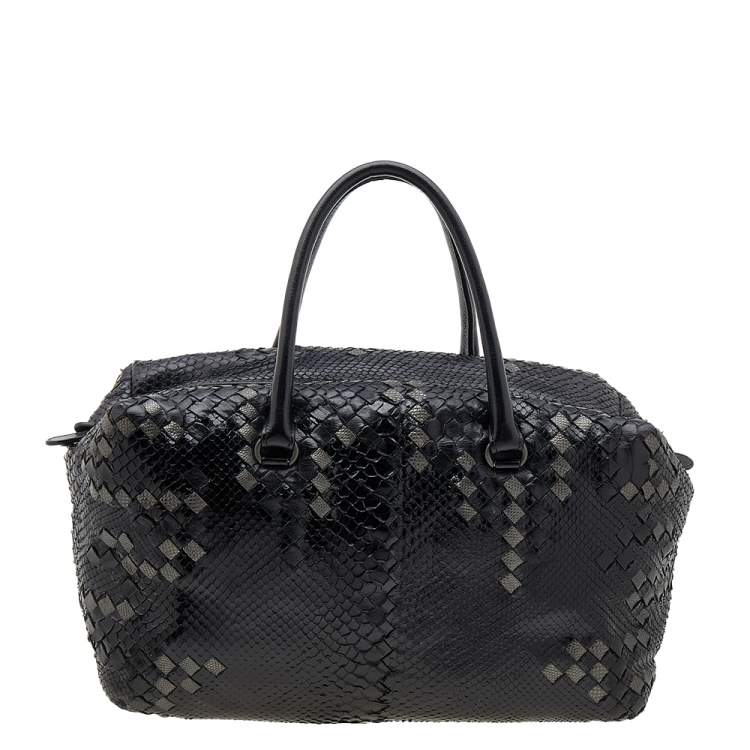 Pre Owned Bottega Veneta Black/Grey Python Intrecciato Leather Boston Bag
