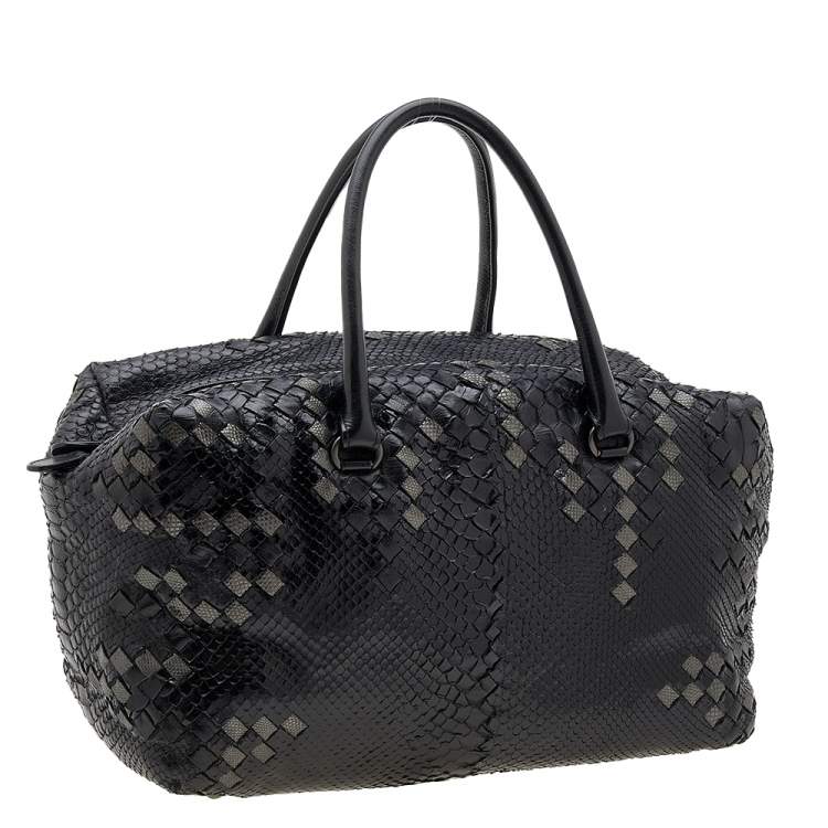 Pre Owned Bottega Veneta Black/Grey Python Intrecciato Leather Boston Bag