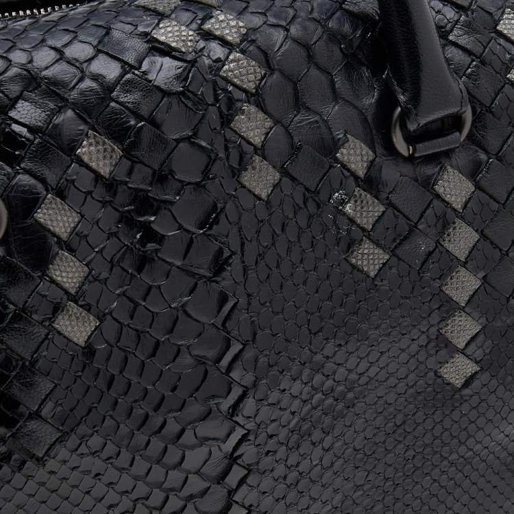 Pre Owned Bottega Veneta Black/Grey Python Intrecciato Leather Boston Bag