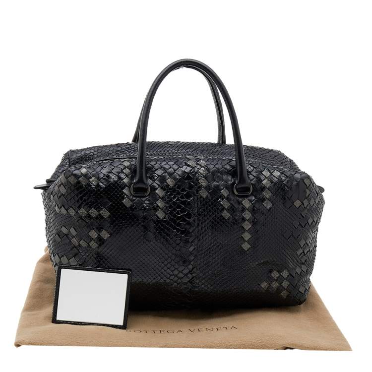 Pre Owned Bottega Veneta Black/Grey Python Intrecciato Leather Boston Bag