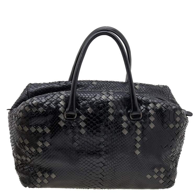 Pre Owned Bottega Veneta Black/Grey Python Intrecciato Leather Boston Bag