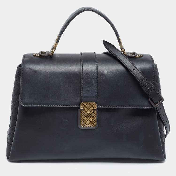 Pre Owned Bottega Veneta Navy Blue Leather Medium Piazza Top Handle Bag