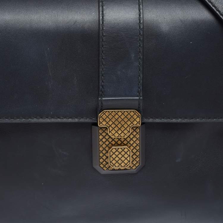 Pre Owned Bottega Veneta Navy Blue Leather Medium Piazza Top Handle Bag