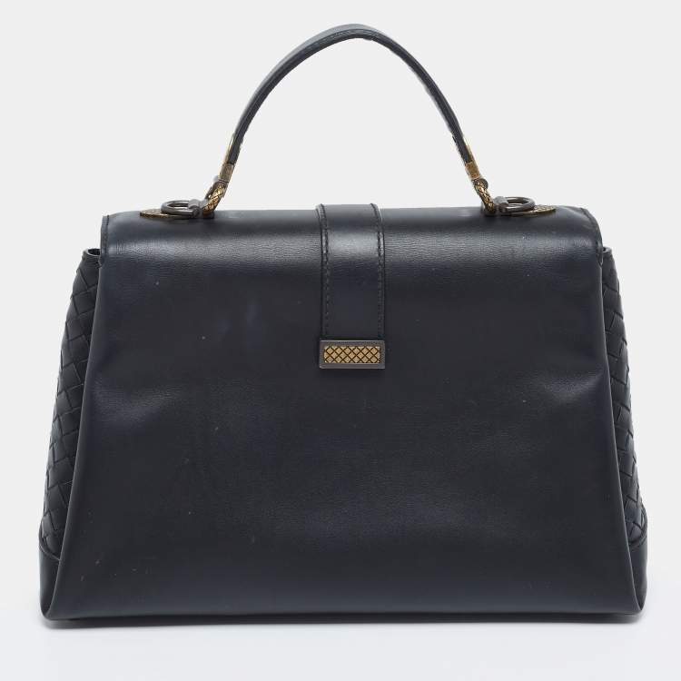 Pre Owned Bottega Veneta Navy Blue Leather Medium Piazza Top Handle Bag