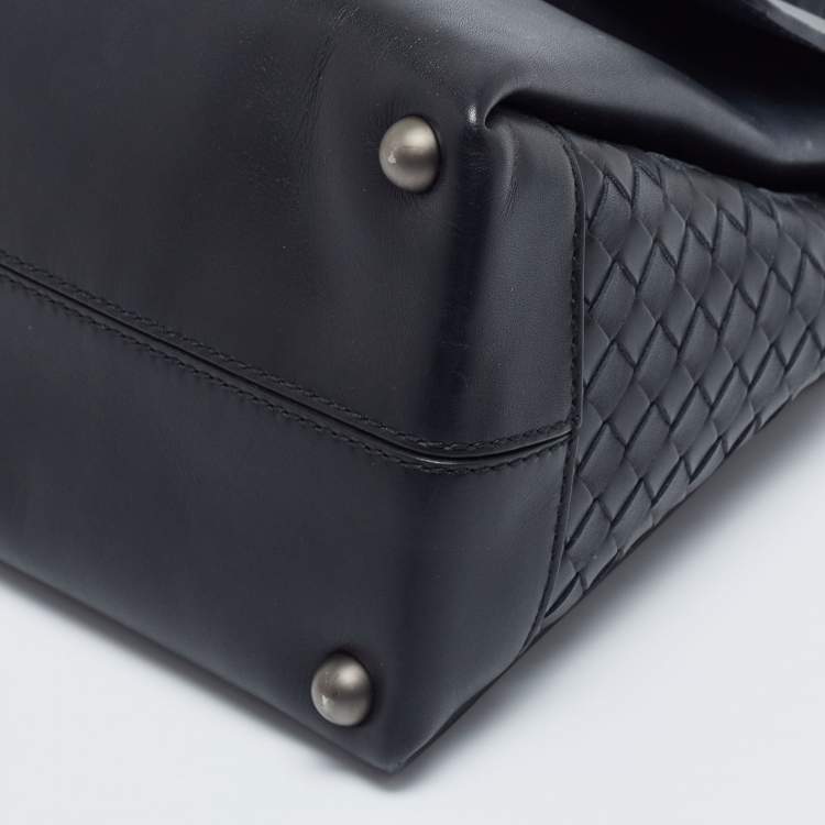 Pre Owned Bottega Veneta Navy Blue Leather Medium Piazza Top Handle Bag