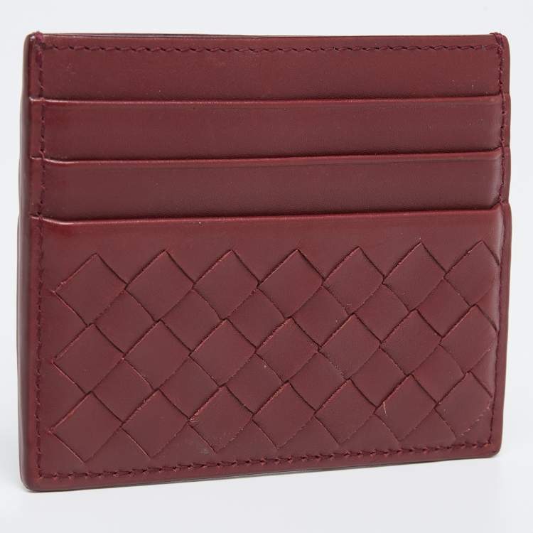 Pre Owned Bottega Veneta Burgundy Intrecciato Leather Card Holder