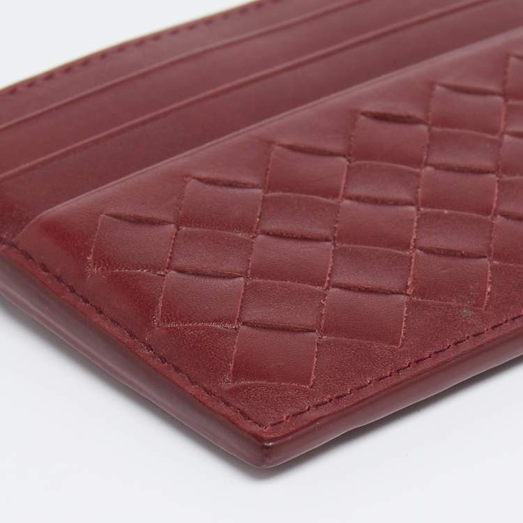 Pre Owned Bottega Veneta Burgundy Intrecciato Leather Card Holder