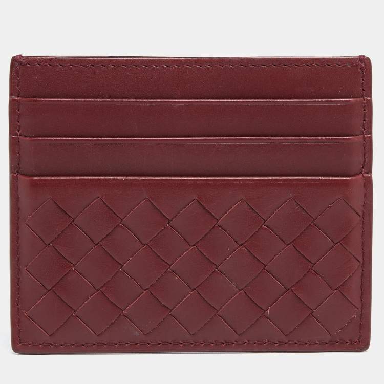 Pre Owned Bottega Veneta Burgundy Intrecciato Leather Card Holder